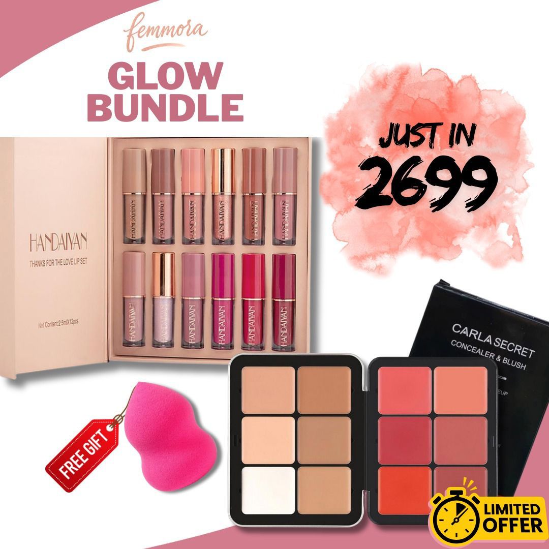 Mocallure 12 Lip Gloss Set + Carla Secret Cream Blush & Concealer Kit (Beauty Blender Free)